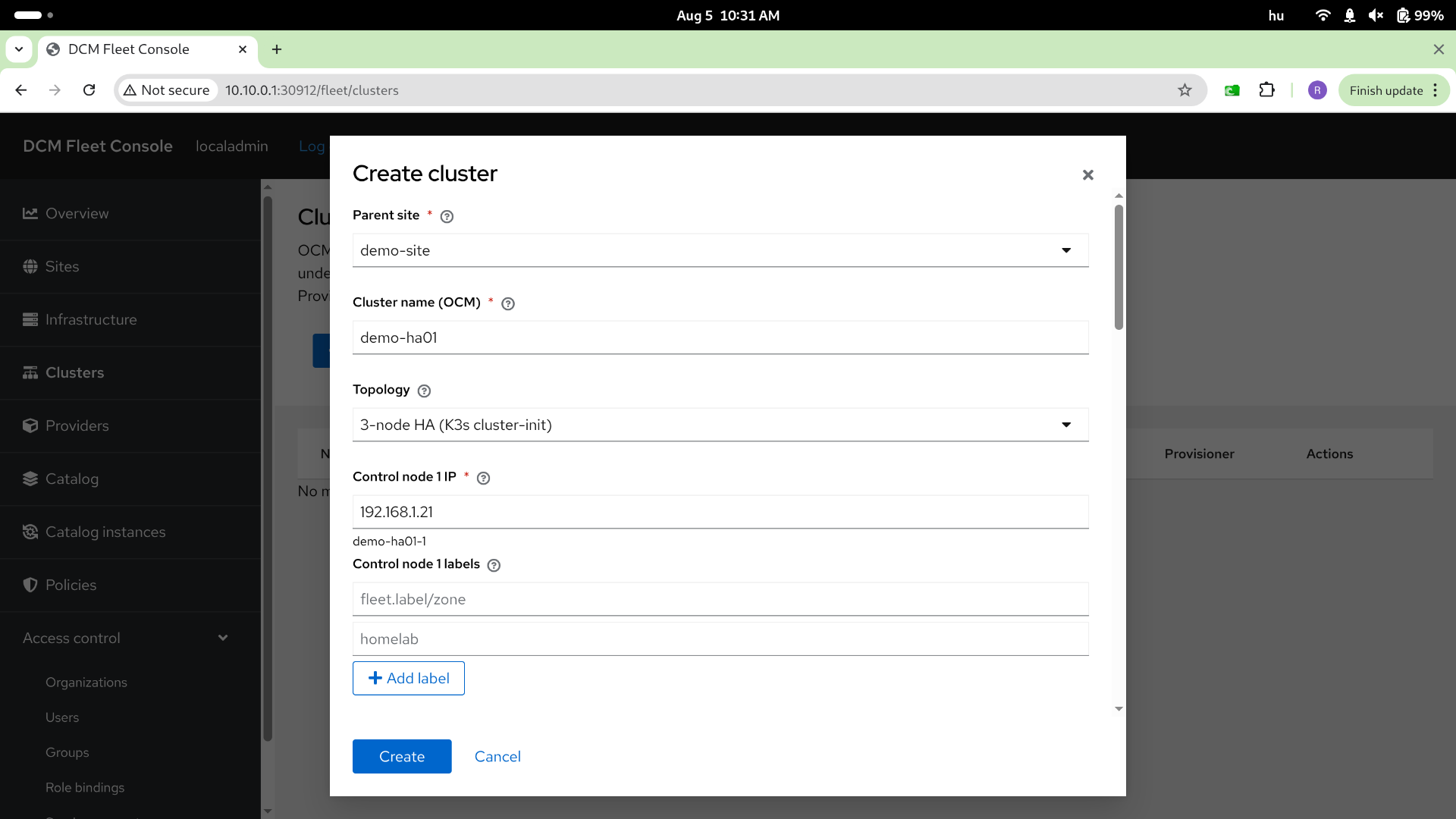 Create cluster — step 1