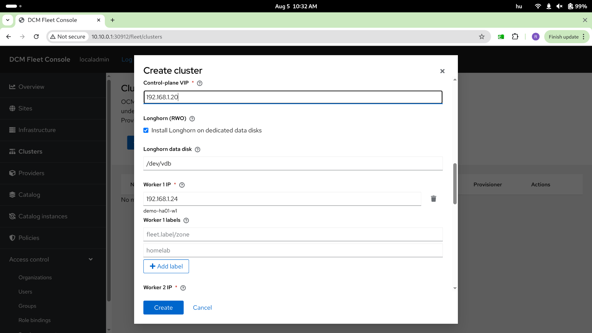 Create cluster — step 2