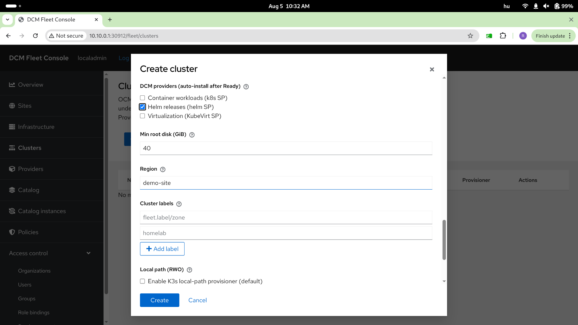 Create cluster — step 3