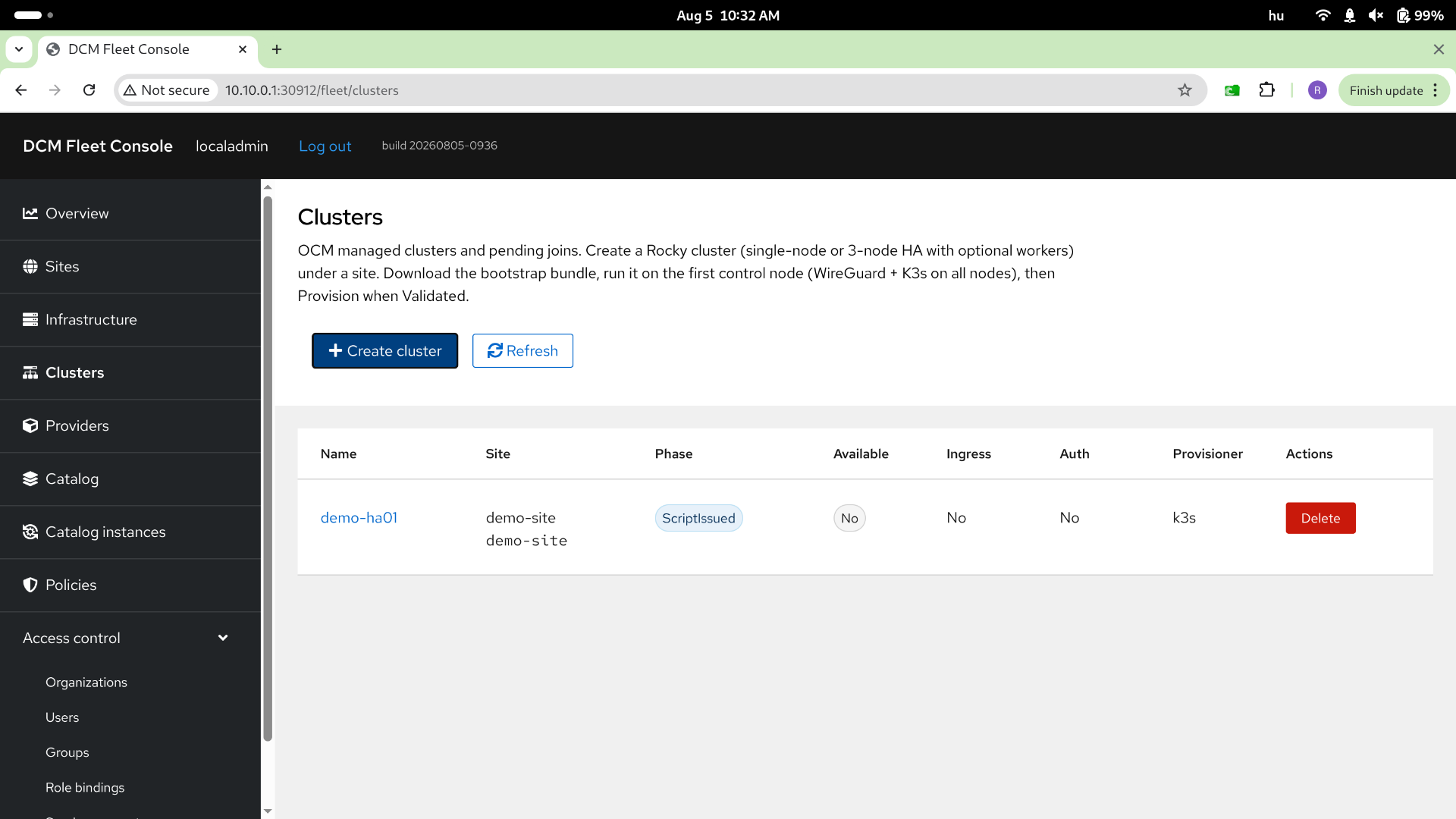 Clusters page